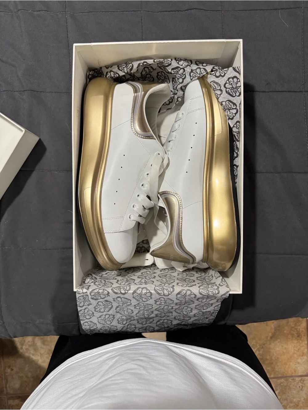Alexander McQueen White Sneakers with Metallic Gold Sole